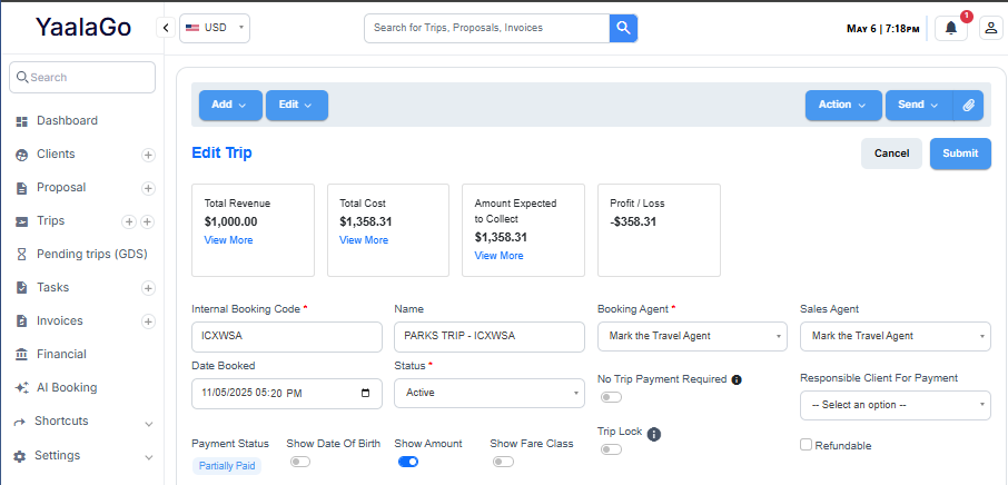 Profit & Loss per trip — revenue, cost, and net